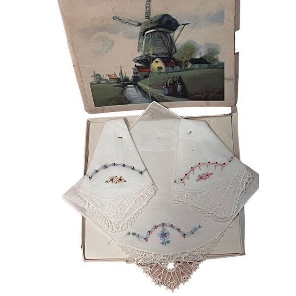 Antique 1919 Set Of 3 Dutch Art Deco Deadstock Handkerchief in Original Box - Picture 10 of 14